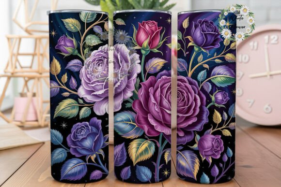 Dark Purple Gold Roses Tumbler Wrap PNG Graphics for Tumbler Wraps