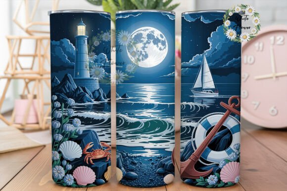 Moonlit Ocean Lighthouse Scene Tumbler Graphics