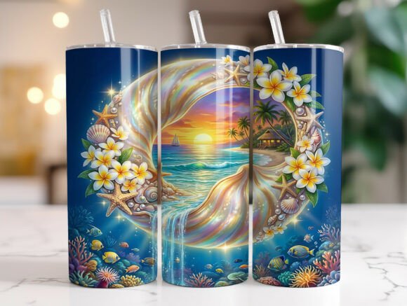 Ocean Sunset Seashell Plumeria Tumbler Graphics & Wraps