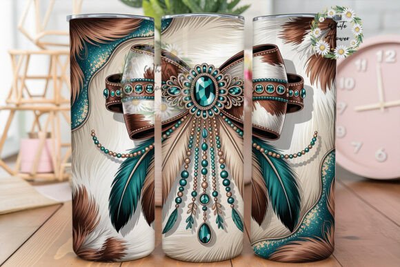 Teal Cowhide Western Bow Tumbler Wrap Graphics for Branded Content